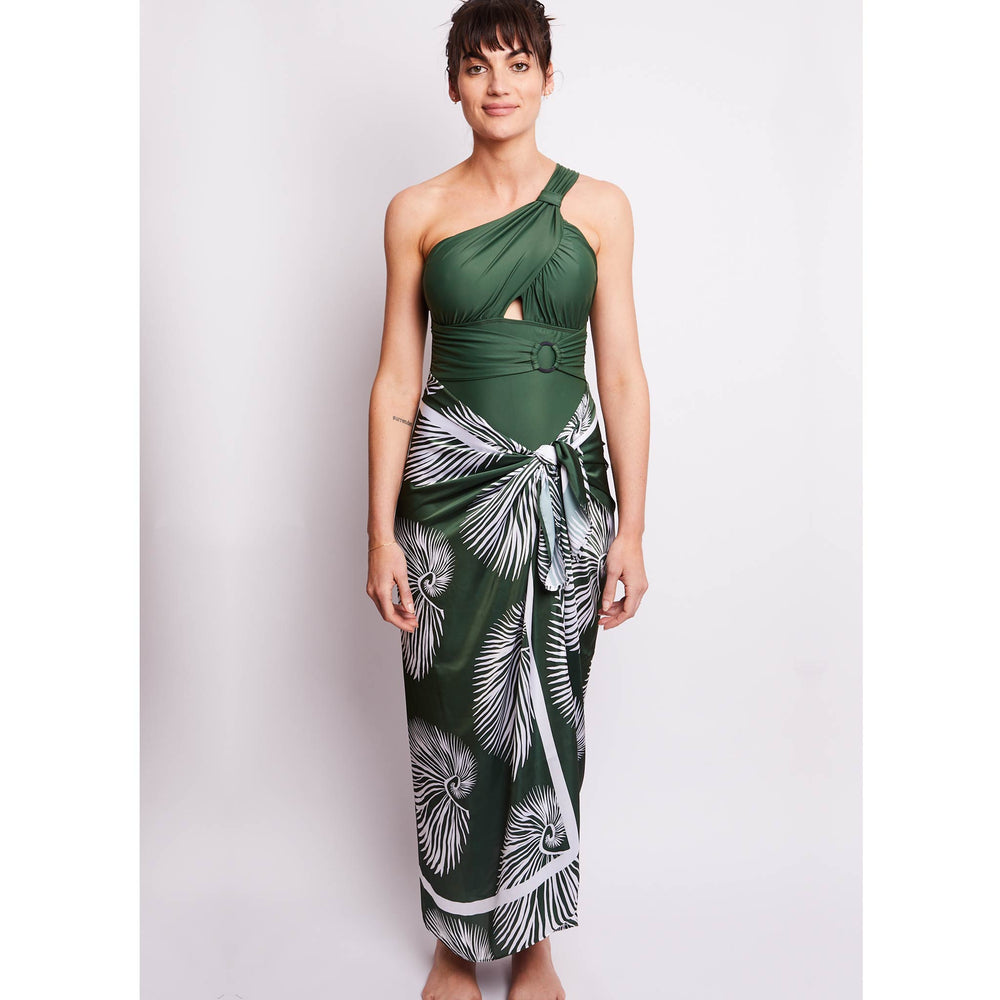 Green and white patterned silky sarong back