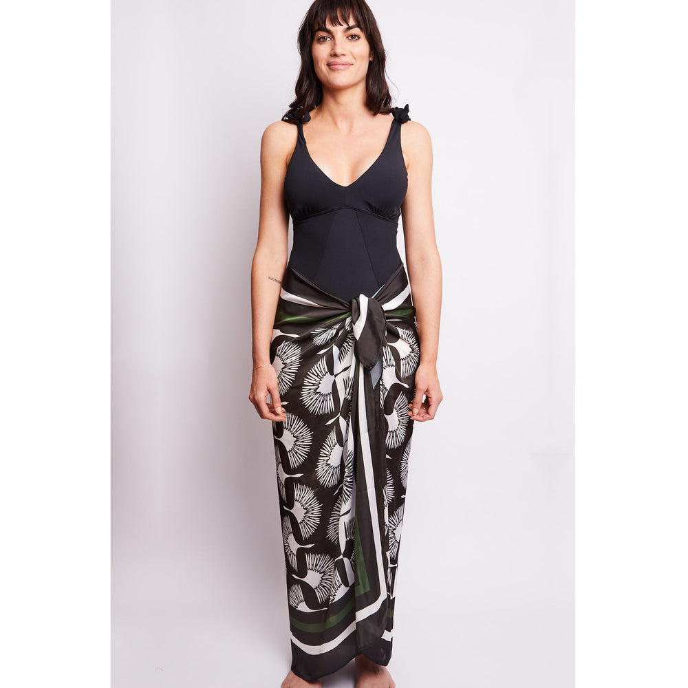 Black, white and green patterned with a seabird print sarong back
