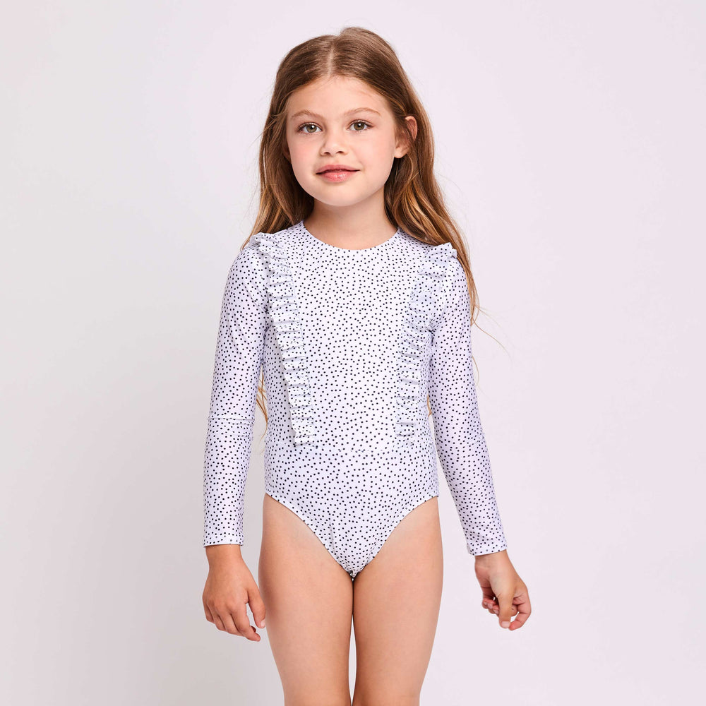 Little-Halle-surfsuit-long-sleeve-and-Angelica-one-piece-dots-white-new-contessa-volpi-swimwea