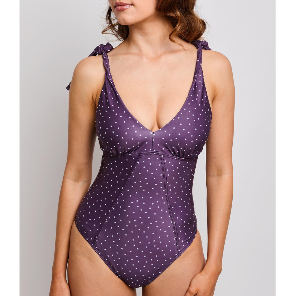 beach girls wearing erica high waisted bikini and janet swimsuit dots purple contessavolpi